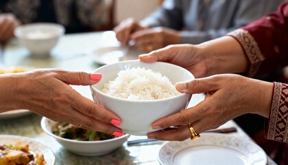 Close-up of hands sharing a bowl of rice during a family meal. A person serves steamed white rice at a dinner table. Asian food culture and togetherness concept