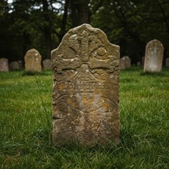 An ancient stone monument stands silently amidst the tall grass of a peaceful burial ground. The weathered rock shows centuries of exposure, remembrance, marker, overgrown