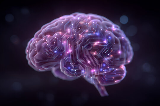 A visual representation illustrates a brain integrated with circuits and digital elements, highlighting innovation in neuroscience and the future of intelligence in technology