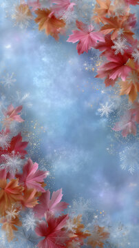 Bright fall leaves contrast against a soft winter backdrop with delicate snowflakes for seasonal decoration