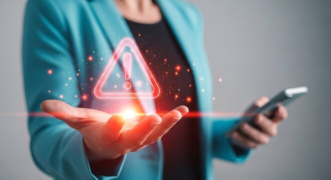 A woman in a teal blazer holds a smartphone, projecting a glowing warning symbol from her palm.