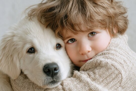 Child hugging therapy dog, both cozy in soft sweater, showcasing warmth and connection, perfect for illustrating love and companionship in minimalist photography