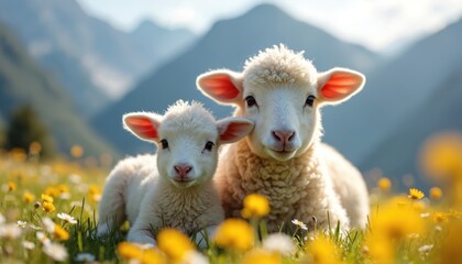 Fototapeta premium Two cute white fluffy sheep lambs sit together in mountain meadow. Yellow, white wildflowers bloom in green grass. Peaceful baby animals enjoy sunny spring nature landscape, serene mountain