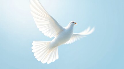 Fototapeta premium A single white dove flying with outstretched wings in a bright blue sky. Spiritual symbol of peace, freedom, and hope. Background with copy space