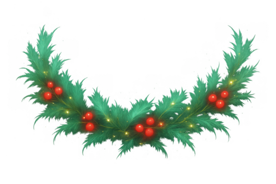 Christmas garland for the winter season, decorating with evergreen pine branches, red holly berries, and glowing golden lights. Transparent background