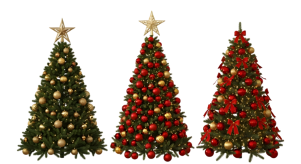 Three decorated christmas trees, each topped with a golden star, one adorned with gold baubles and the other two with red and gold ornaments
