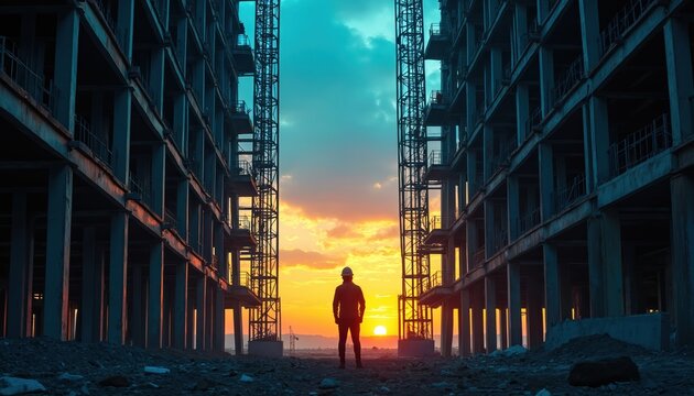 Lone worker stands in silhouette between two unfinished building structures at sunset. Wears hard hat, observing construction site. Golden sky highlights urban development progress, new start, future. - Powered by Adobe