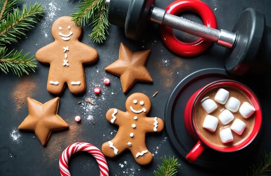 Gingerbread cookies, hot chocolate with marshmallows, gym dumbbell arranged on dark table. Christmas tree branches, candy cane decorate festive scene. Composition fitness holiday season diet, - Powered by Adobe