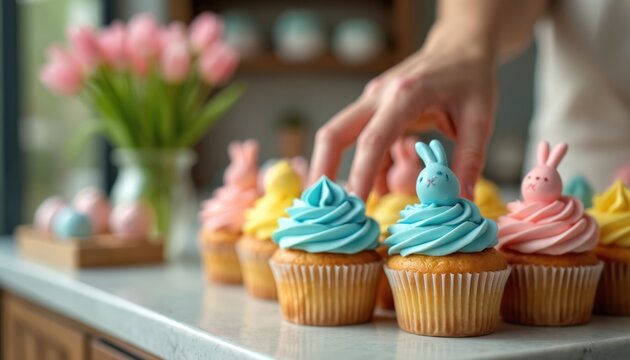 Baker arranges pastel Easter cupcakes topped with cute bunny figures in a bright kitchen. Colorful frosting, pink tulips in vase, and decorative eggs create a festive spring scene for holiday treats.