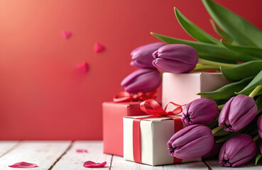 Purple tulips and wrapped gifts with red ribbons sit on a white wooden table. A plain red background with scattered pink heart shapes creates a festive atmosphere. Suitable for Mother Day.