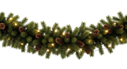 Festive evergreen garland with pine cones and warm led lights