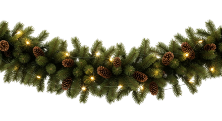 Festive evergreen garland with pine cones and warm led lights