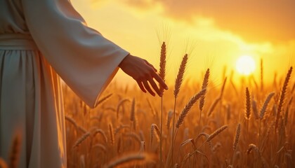 Person in robe touches wheat stalks in golden field at sunset. Golden hour light illuminates grain. Represents harvest, faith, spiritual growth, and agriculture themes.