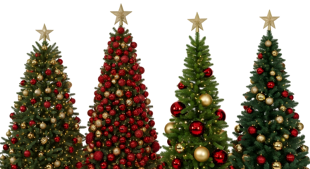 Four decorated christmas trees with stars on top