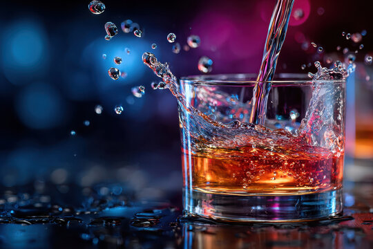 Refreshing drink splashes in a clear glass under vibrant party lights at night