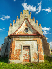 Fototapeta premium view to back facade of catholic cathedral in sunny day in Ukraine