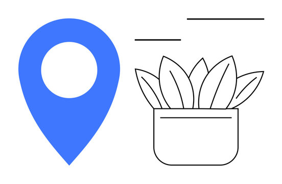 Blue location marker beside a minimalistic potted plant and abstract lines. Ideal for themes of navigation, eco-consciousness, sustainability, growth, simplicity, orientation, and balance. Simple