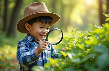 Little Asian boy with a hat explores outside. He happily uses a magnifying glass to inspect green plants. Child learns about nature discovery and science in summer. He finds new things in garden.