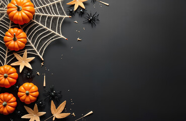 Orange pumpkins and black spiders arranged with spider webs and autumn leaves on black backdrop. Festive Halloween scene with empty copy space for text messages.