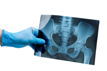 Healthcare worker in clinic examining pelvic girdle radiograph, concept of orthopedics, radiology, medical treatment