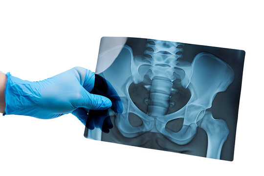 Healthcare worker in clinic examining pelvic girdle radiograph, concept of orthopedics, radiology, medical treatment