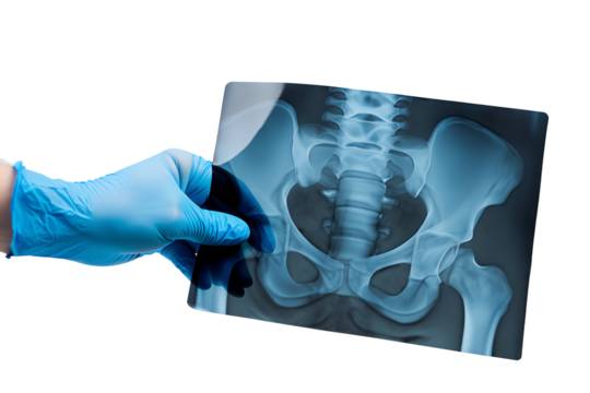 Healthcare worker in clinic examining pelvic girdle radiograph, concept of orthopedics, radiology, medical treatment