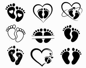 Baby Feet Heart Child Hearts Footprint set collection pack black icon silhouette vector flat illustration design on white background