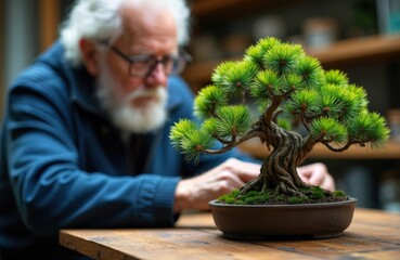 Elderly man inspects tiny bonsai tree with green needles. Senior male cultivates miniature plant in pot on wood table. He uses skill and patience for detailed garden work.