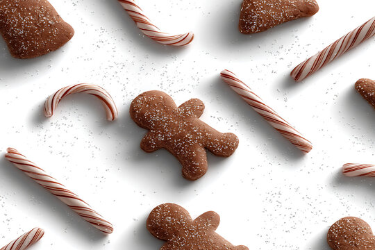 holiday treats pattern, gingerbread cookies and candy canes on a white background form a merry seamless pattern