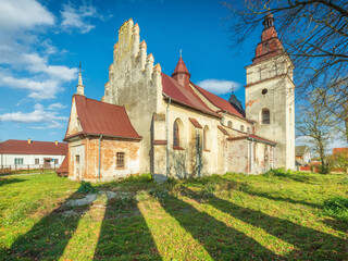 Fototapeta premium view to catholic cathedral in sunny day with shadows of green grass