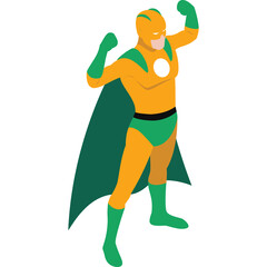 Stylized Superhero Character in Orange and Green Costume With Cape and White Circle Emblem on Chest...