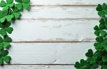 Obraz premium Glittery green shamrocks adorn rustic white wood background, forming inviting border. Festive clovers symbolize luck, prosperity for Saint Patricks Day celebration. Charming backdrop offers ideal
