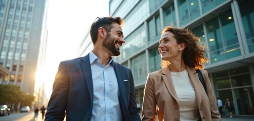 Two smiling business colleagues walk downtown, engaged in conversation near modern office buildings. Man and woman in suits have a discussion while commuting on a bright morning.