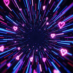 Fototapeta premium Neon Hearts Exploding with Speed Lines in Pink and Blue Radial Burst
