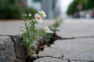 Naklejka premium Resilient flowers bloom in city sidewalk cracks under bright daylight