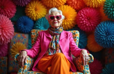 Stylish senior woman sits in colorful armchair. Wears bright pink blazer, orange pants, patterned scarf, pink heart sunglasses. Old lady poses confidently against vibrant decor background. Elder