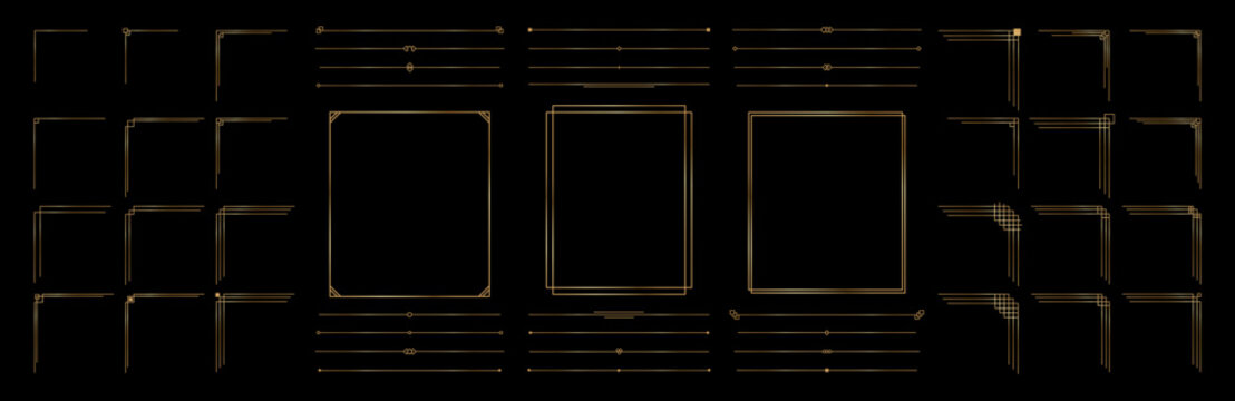 Golden thin frame, linear border, royal separator page, menu divider set on black background. Elegant gold geometric radiance borders luxury art deco collection. Vector illustration
