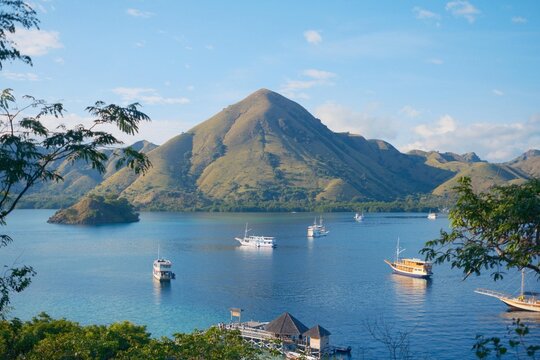 Tropical island landscape with boats at Labuan Bajo, Komodo National Park, Indonesia