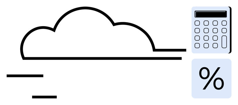 Cloud connected to calculator and percentage symbol conveys financial analysis, data storage, accounting. Ideal for digital finance, technology, analytics, cloud usage, calculations, efficiency