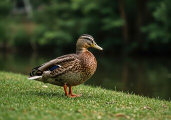 Obraz premium A beautiful wild duck standing calmly on the soft green grass near a water source, enjoying the natural habitat on a bright day, peaceful, wildlife, meadow