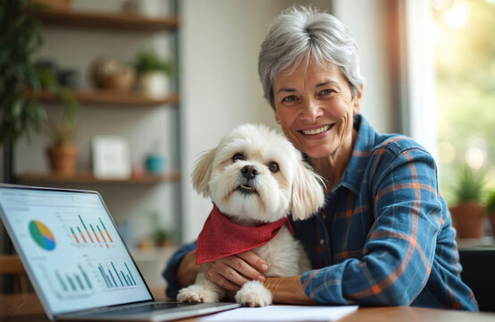 Happy senior woman smiles, holds fluffy pet dog at home. Works on laptop, viewing financial graphs, charts in cozy office. Mature lady enjoys active retirement, effectively managing work with