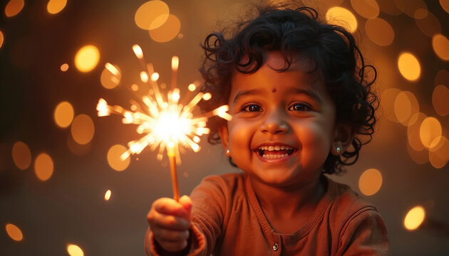 Cute Indian child smiles holding a sparkler during Diwali festival. Enjoying the bright light and festive atmosphere, kid celebrates holiday with fun and happiness. A young girl laughs.