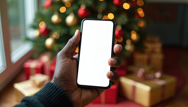 Man holds smartphone with white screen near decorated Christmas tree and gift boxes. Festive holiday mood with blurry background lights and presents. Online shopping concept.