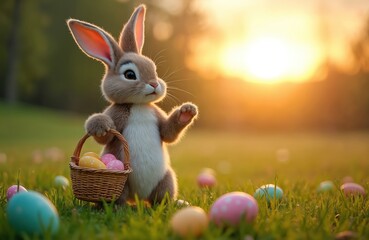 Cute Easter bunny holds basket with colorful eggs in green field at sunset. Spring holiday tradition celebration with joy and fun. Outdoors seasonal nature.