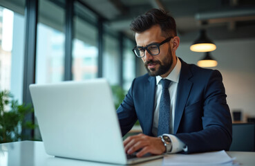 Man in suit and glasses types on laptop in modern office. Businessman works at desk by window. Focused person uses computer for job. Young executive checks emails indoors, remote work.