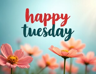 Bright floral background with happy tuesday text. Soft pink flowers bloom against light blue sky. Great for spring greetings, event invites, or social media posts wishing well.