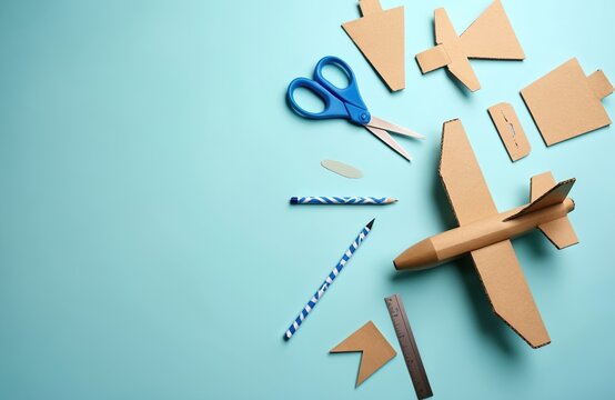Cardboard airplane model with various craft tools, cut out paper pieces laid on light blue surface. Blue scissors, pencils, ruler, eraser ready for eco-friendly DIY project. Kids enjoy making DIY - Powered by Adobe