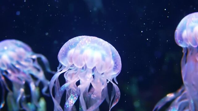 Mesmerizing bioluminescent, glitter-filled jellyfish-like creatures pulse and drift in an abyssal deep-dark blue underwater environment. Ethereal deep-sea mystery concept.