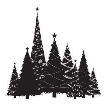 Black silhouette christmas trees decorated with stars and string lights on white background vector