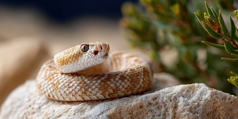 Naklejka premium macro wildlife photography, a skilled macro shot of a coiled rattlesnake on a warm desert rock, featuring precise textures and a soft blurred background